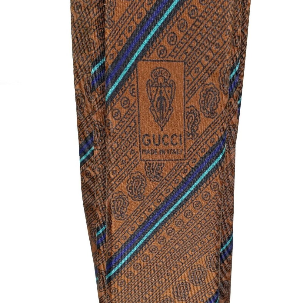 Gucci Necktie Brown Blue Business Stripe Paisley - Picture 3 of 5